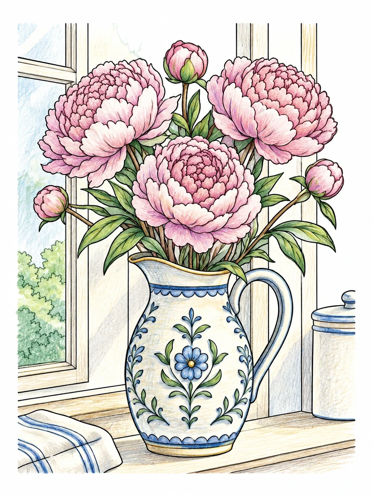 Colored example of the Peonies In Ceramic Kitchen Pitcher coloring page