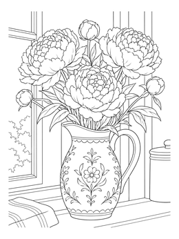 A decorative pitcher holds blooming flowers in this peony coloring page on a windowsill.