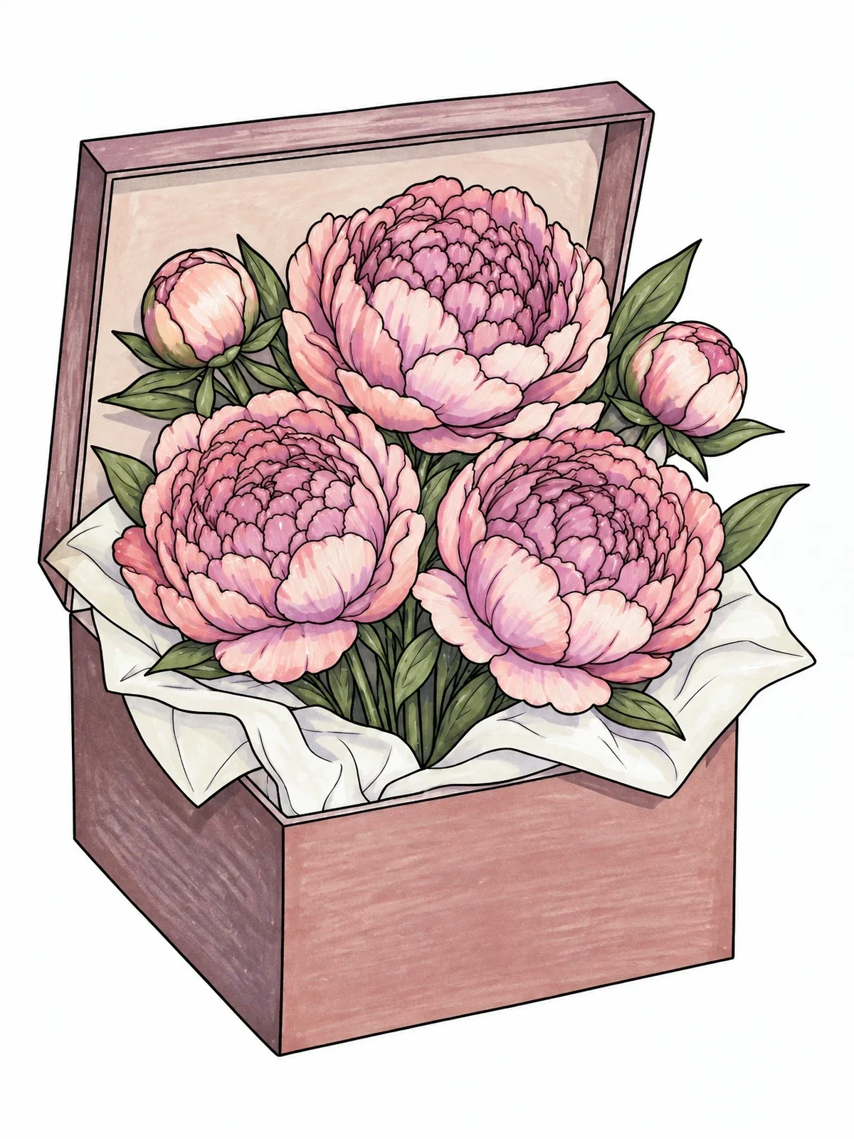 Colored example of the Peonies Arranged In A Gift Box coloring page