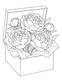 A blooming bouquet in this peony coloring page presented inside an open gift box with tissue paper.