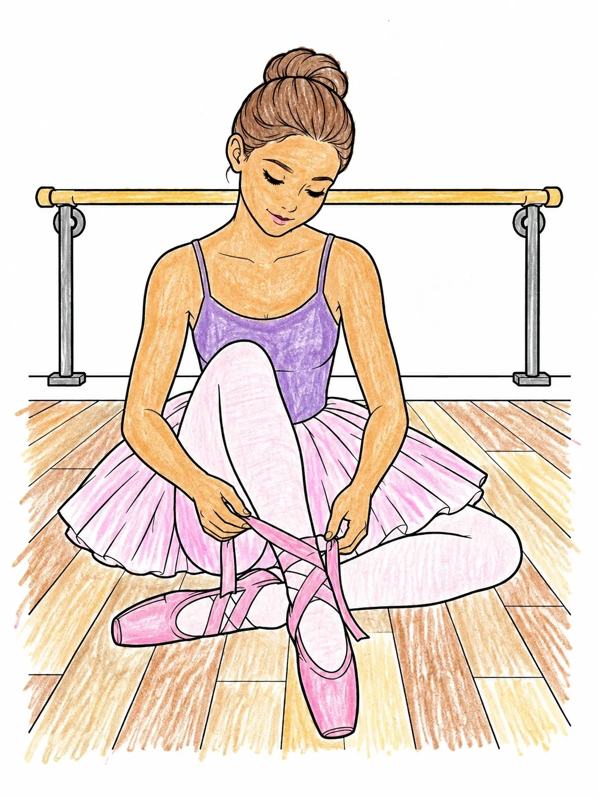 Colored example of the Ballerina Tying Her Pointe Shoes coloring page