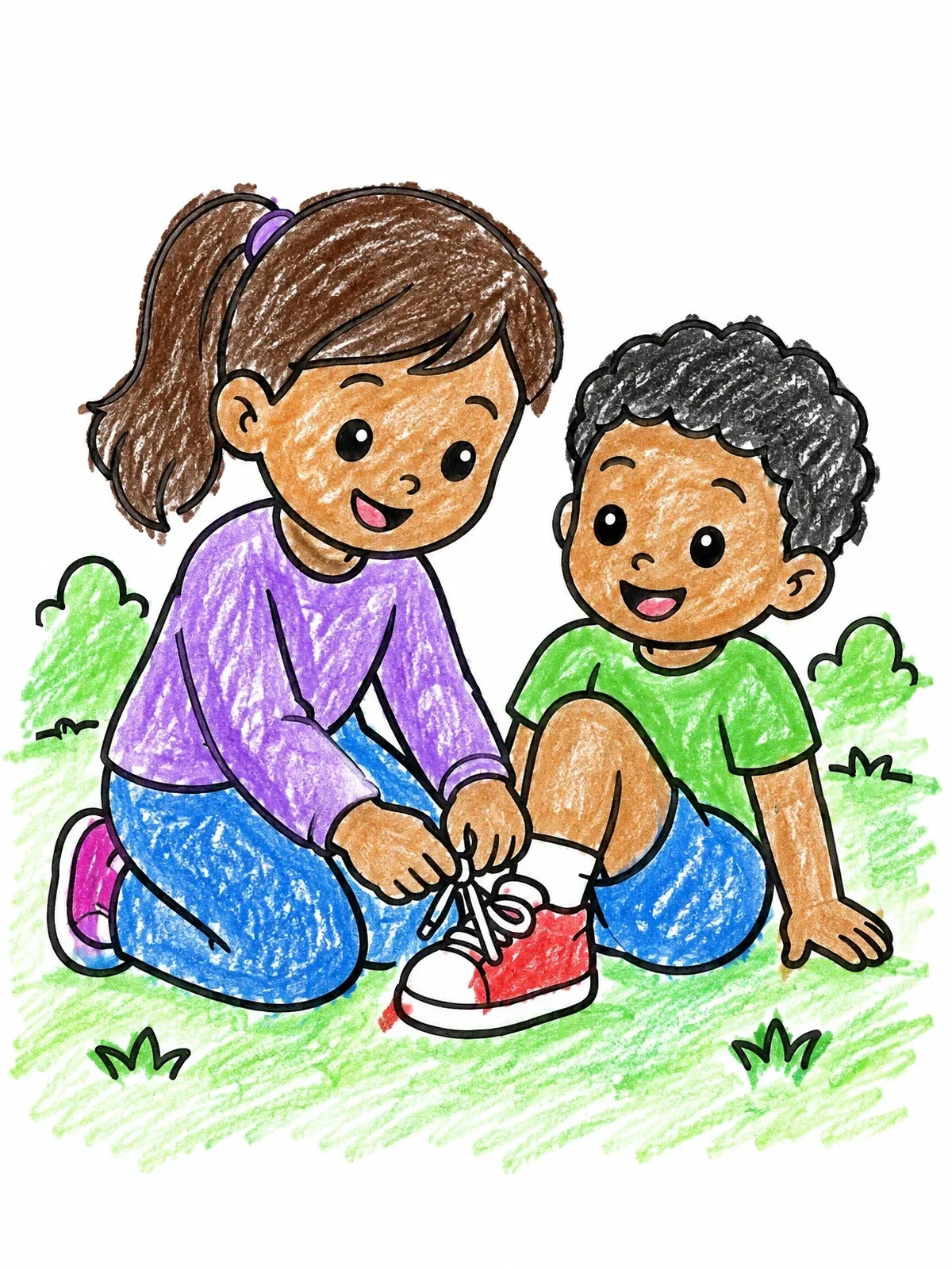 Colored example of the Big Sister Tying Shoelaces coloring page