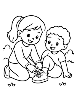 Free printable Big Sister Tying Shoelaces coloring page