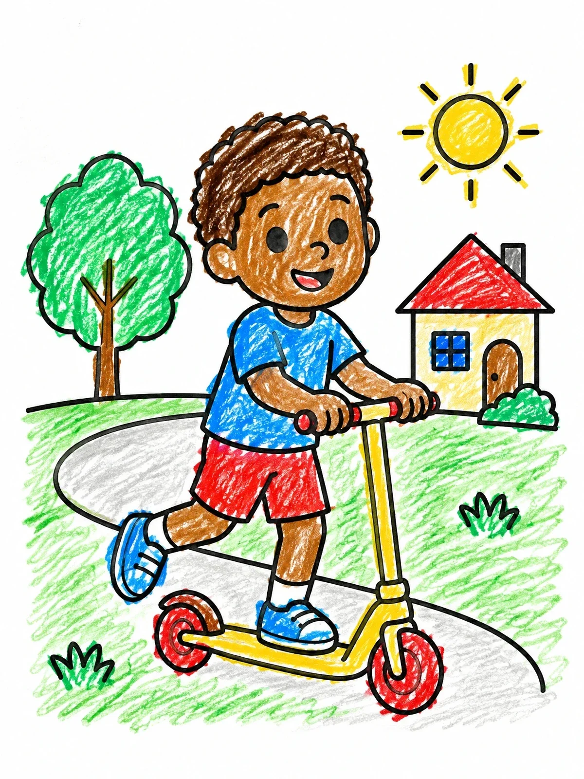 Colored example of the Boy Riding Scooter On Sunny Path coloring page