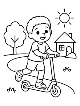 Free printable Boy Riding Scooter On Sunny Path coloring page