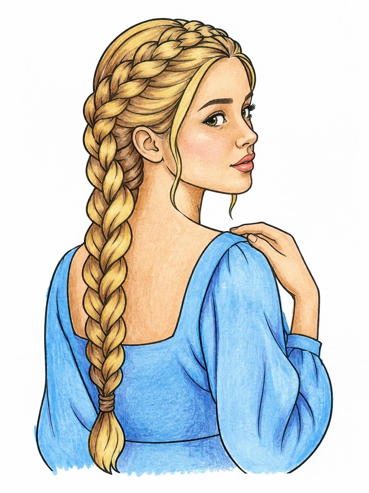 Colored example of the Braided Hair Looking Over Shoulder coloring page