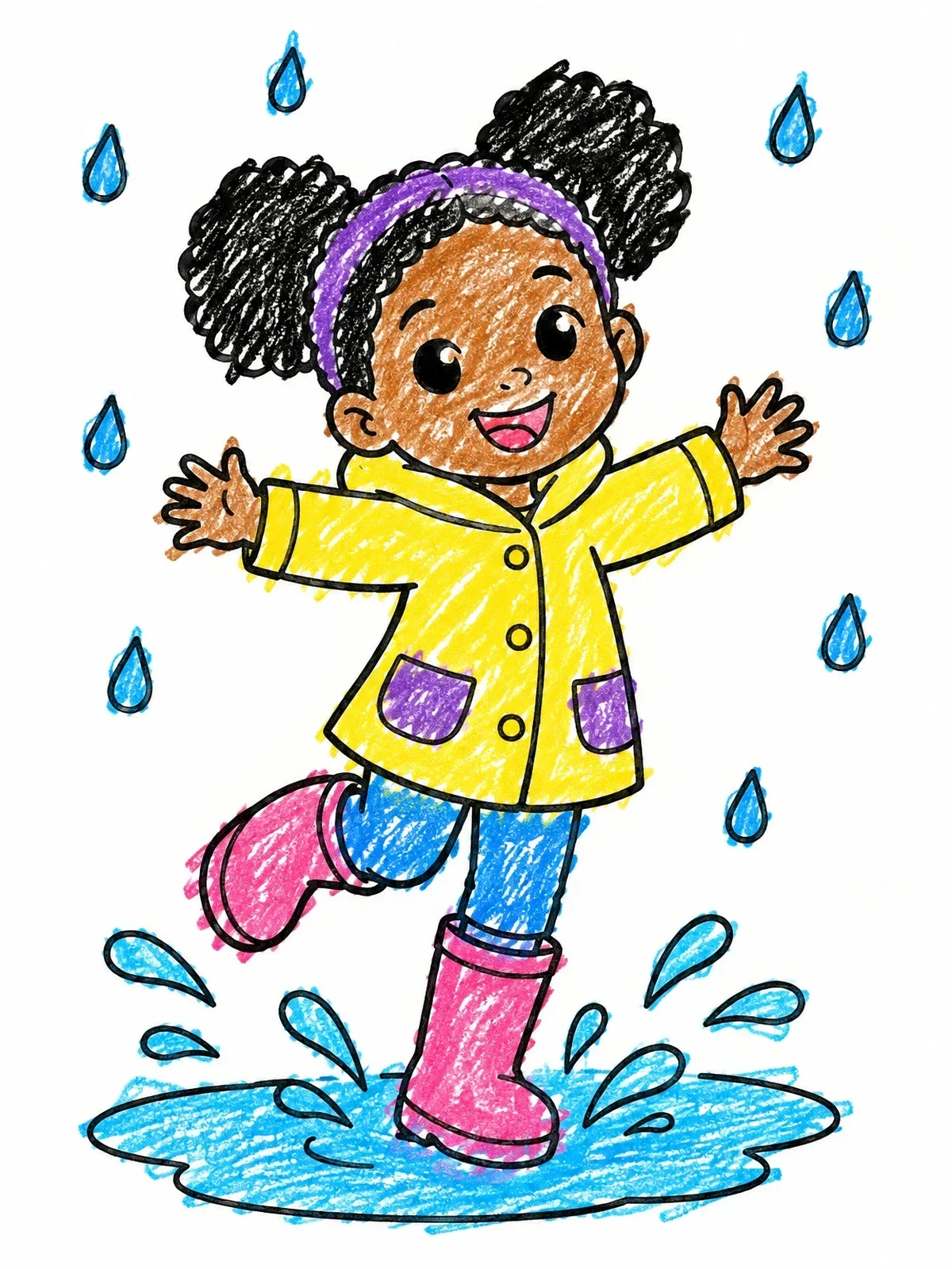 Colored example of the Cheerful Girl Splashing In Rain Puddle coloring page