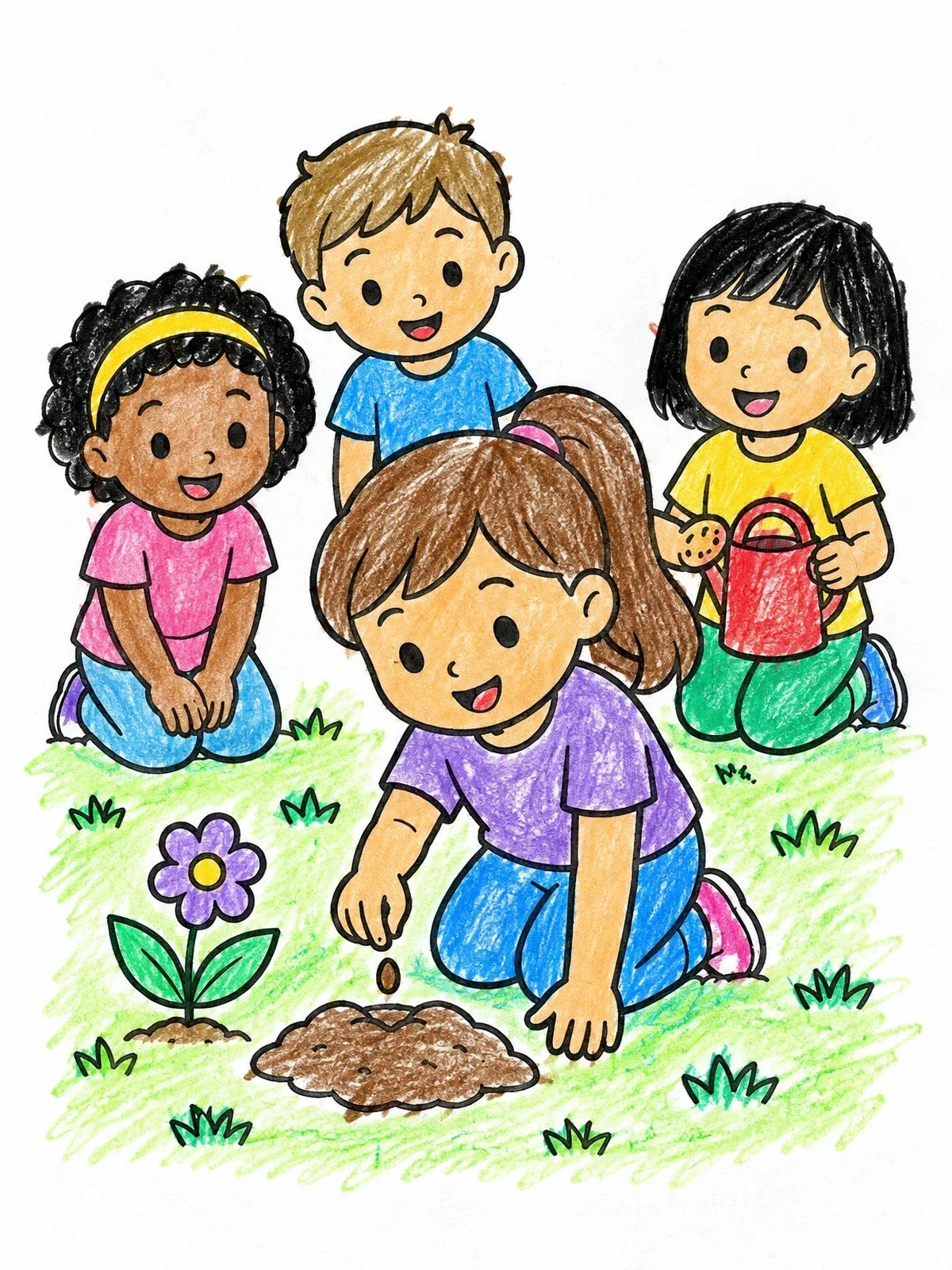 Colored example of the Children Planting Seeds In The Garden coloring page