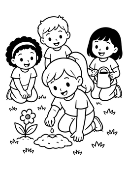 Free printable Children Planting Seeds In The Garden coloring page