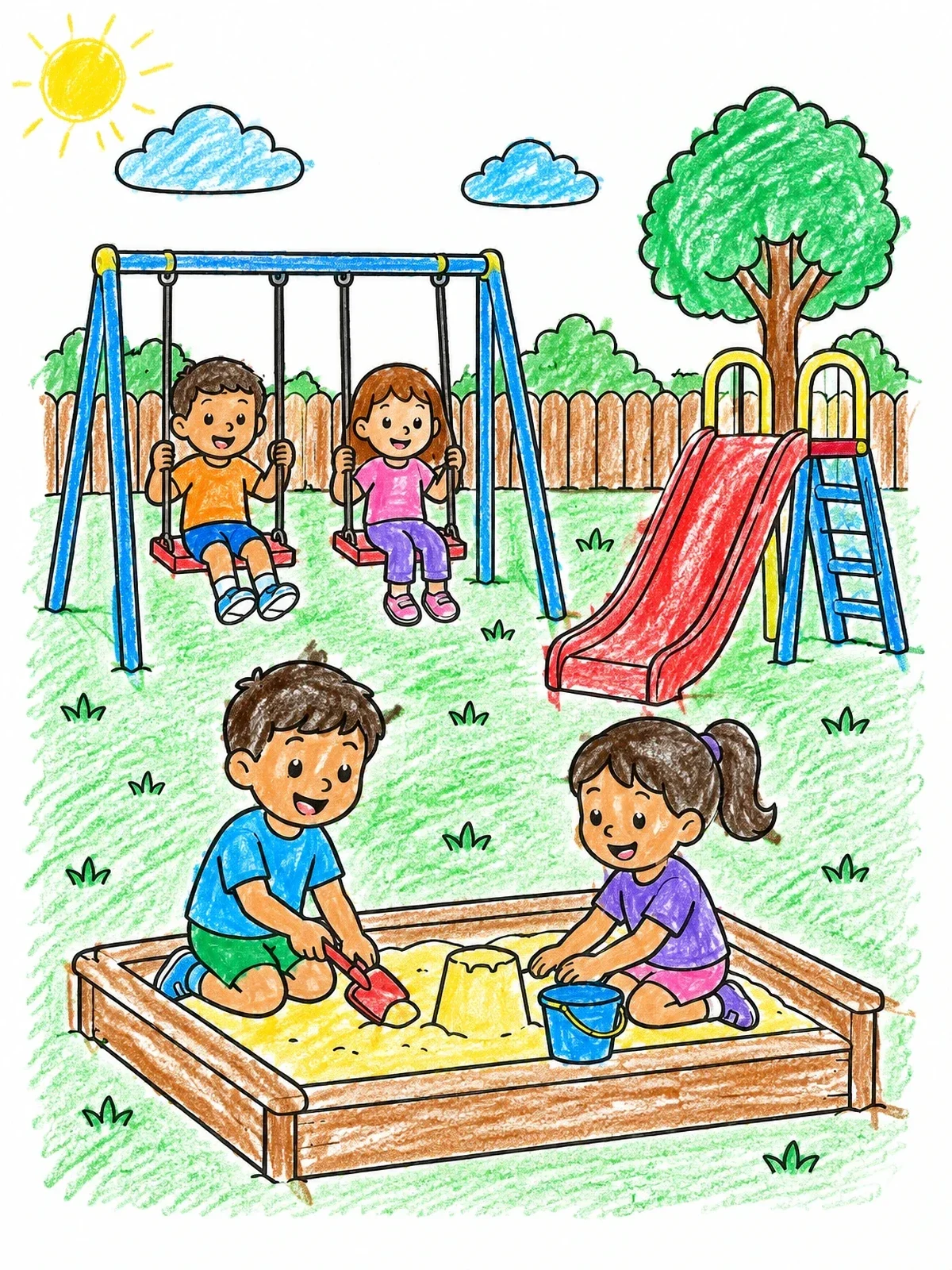 Colored example of the Children Having Fun At The Playground coloring page