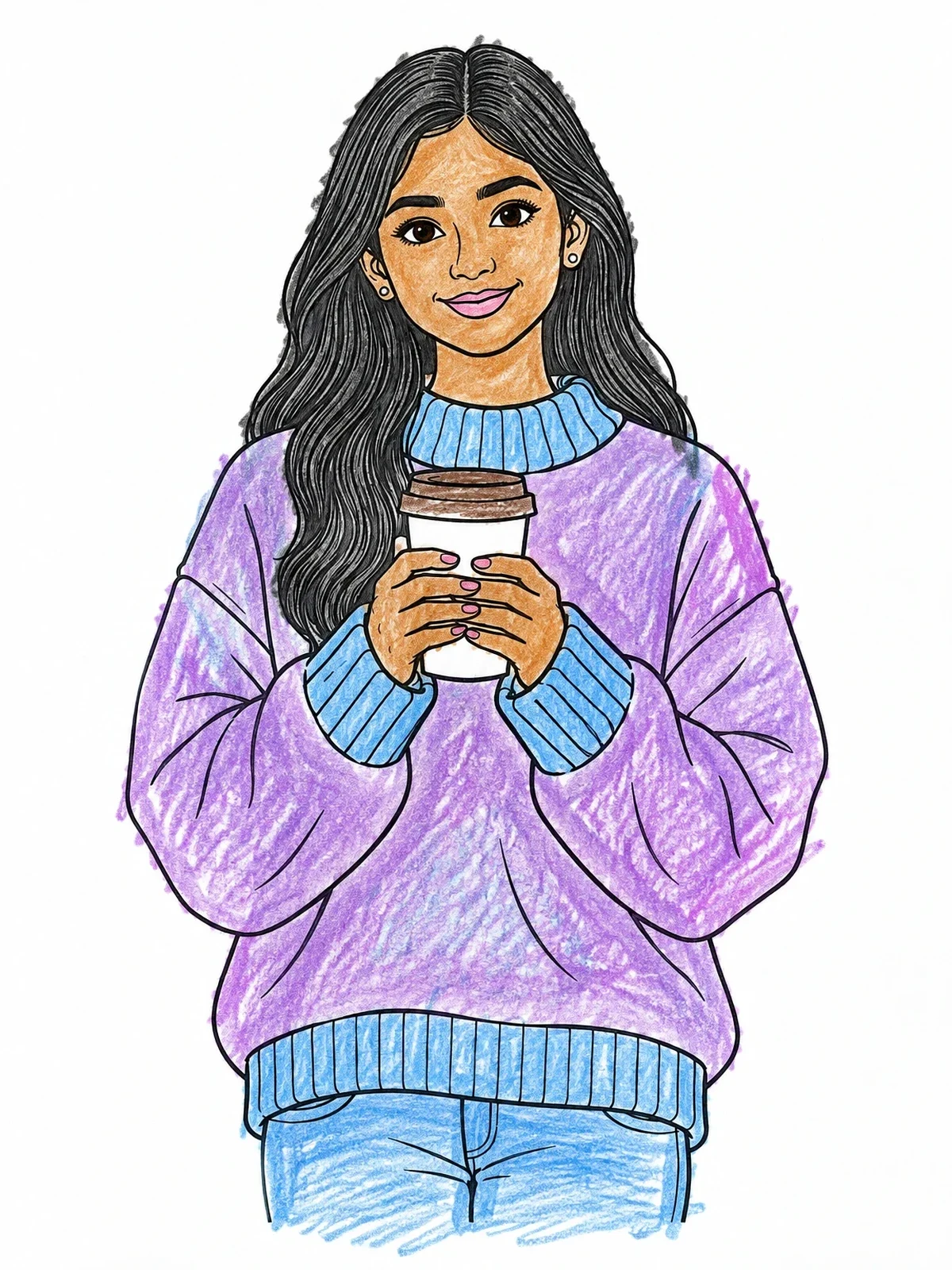 Colored example of the Cozy Girl With Hot Coffee Cup coloring page