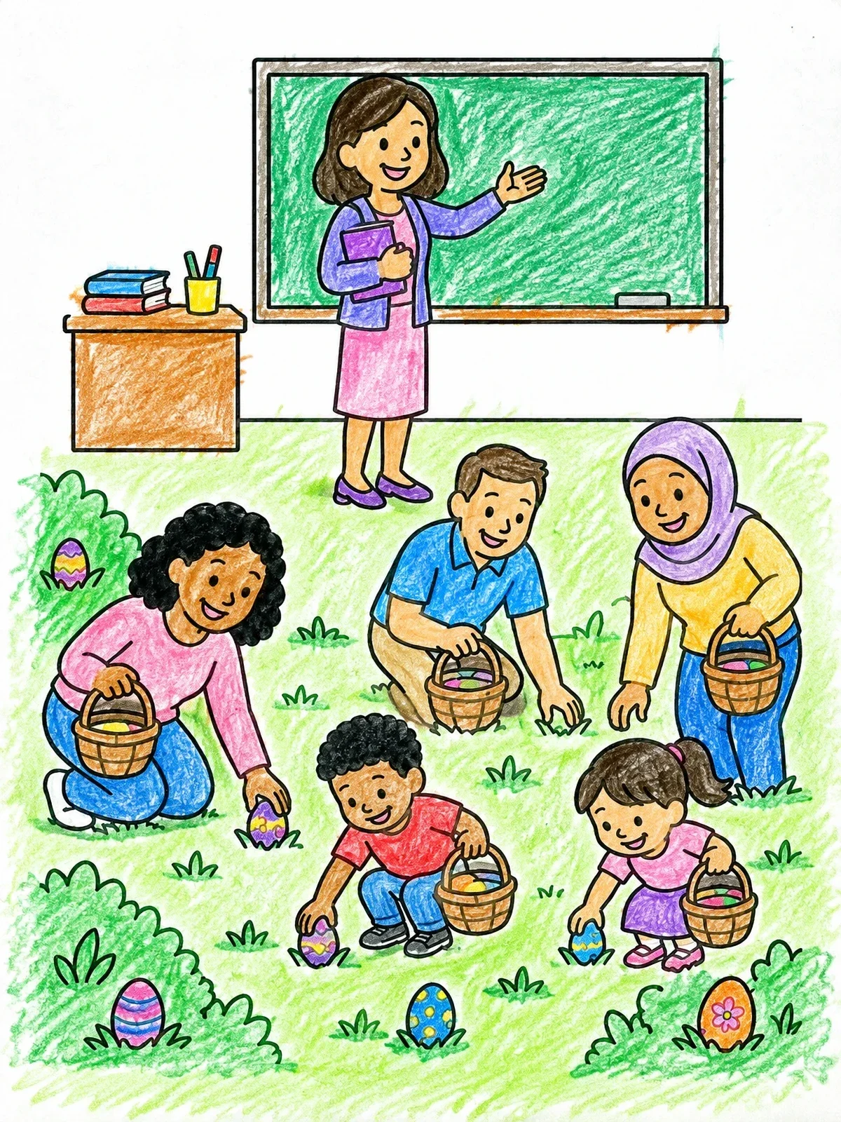 Colored example of the Egg Hunt In The Classroom coloring page
