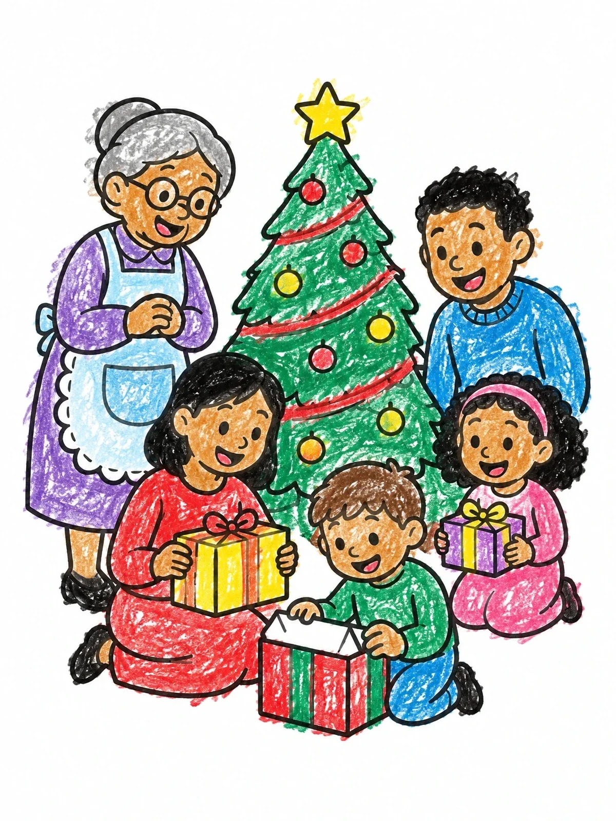 Colored example of the Family Christmas Tree Gift Gathering coloring page