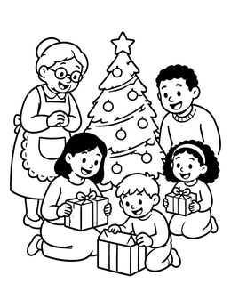 Free printable Family Christmas Tree Gift Gathering coloring page