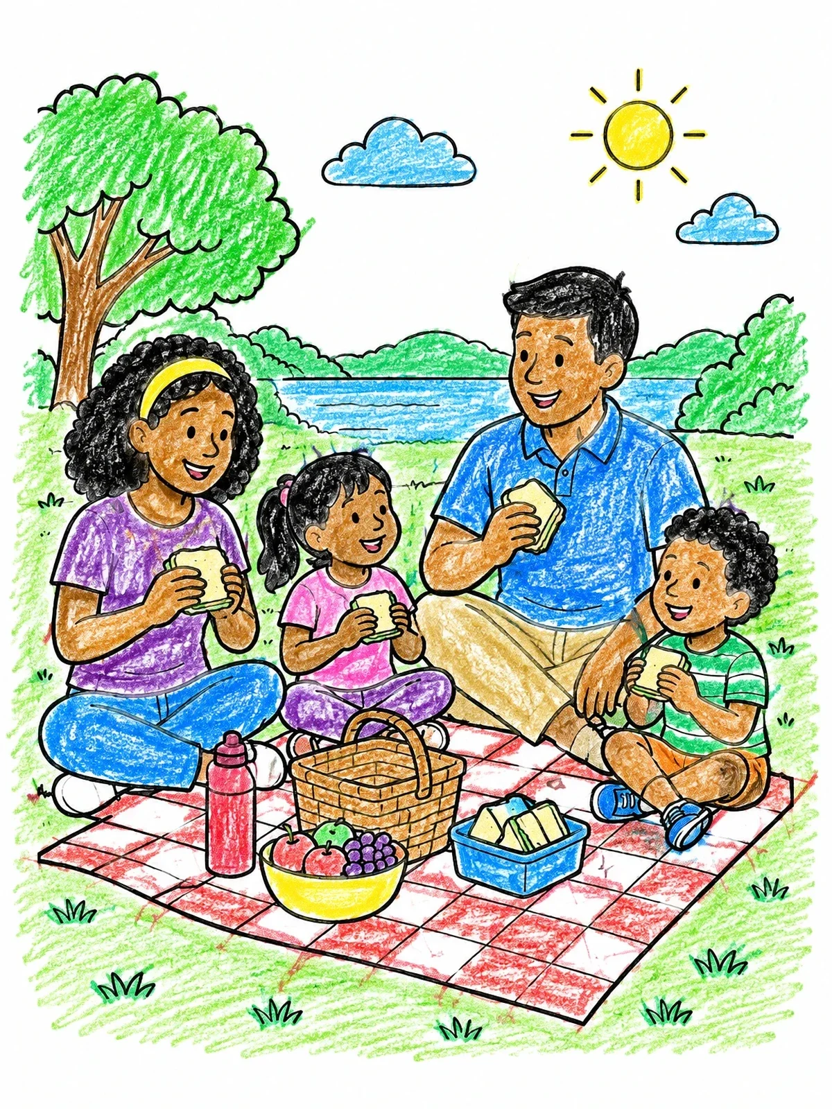 Colored example of the Family Picnic On The Blanket coloring page
