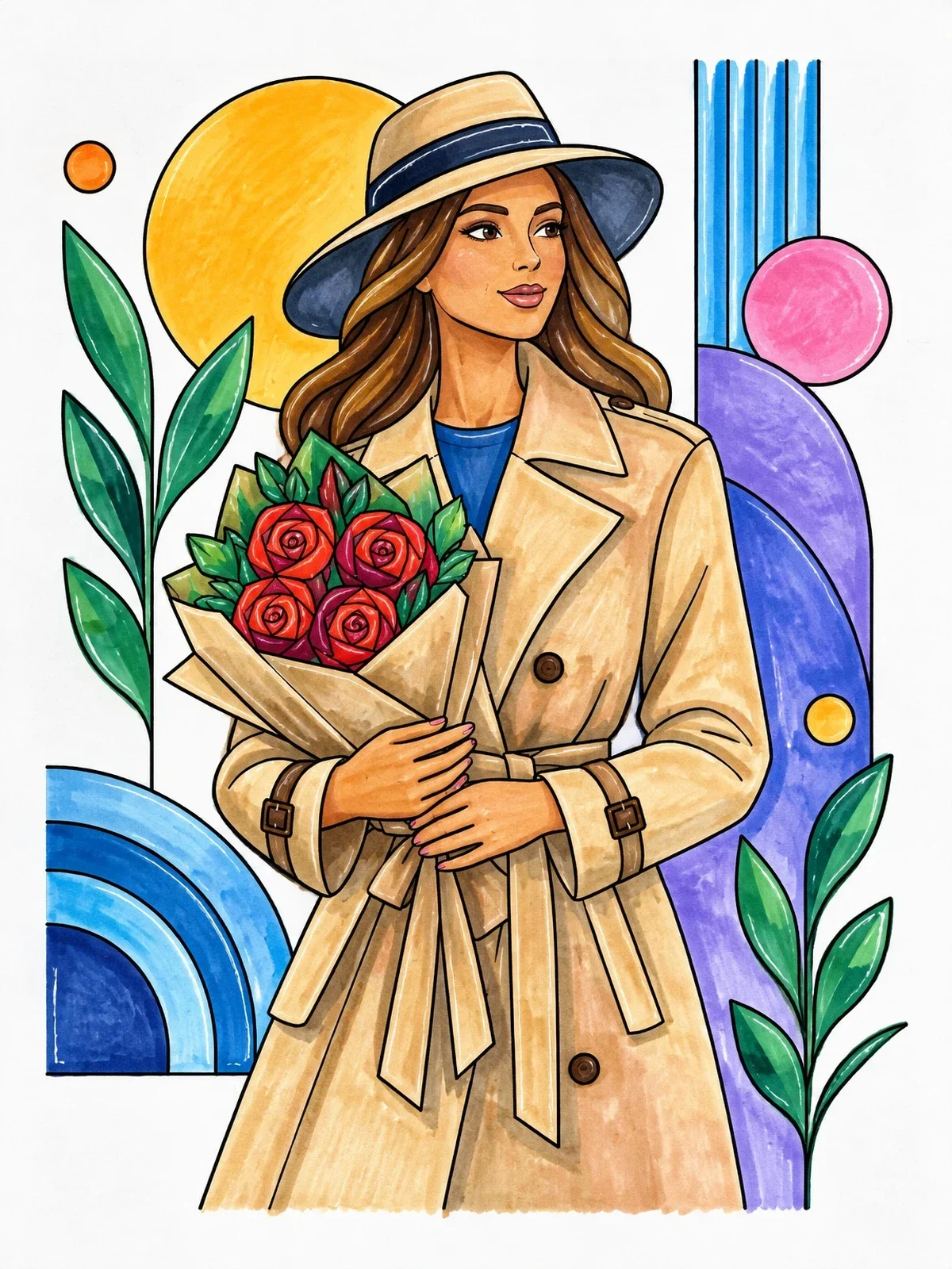 Colored example of the Fashionable Woman With Rose Bouquet coloring page