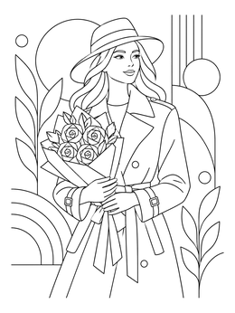 Free printable Fashionable Woman With Rose Bouquet coloring page