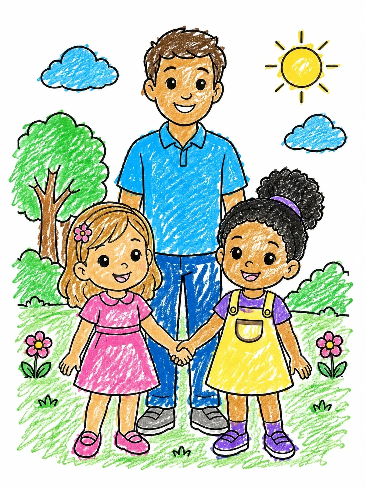 Colored example of the Father And Daughters In The Park coloring page