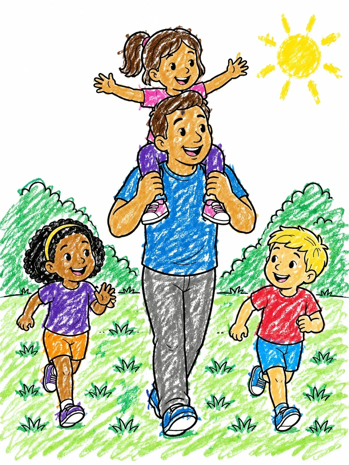 Colored example of the Father Walking With Happy Children coloring page