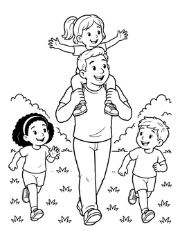 Free printable Father Walking With Happy Children coloring page