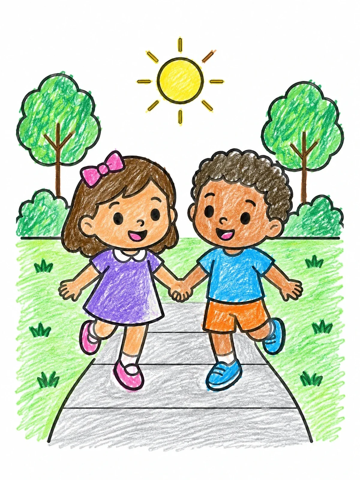 Colored example of the Happy Best Friends Skipping Outdoors coloring page