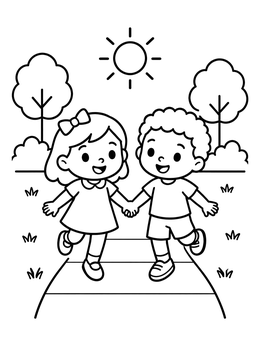 Free printable Happy Best Friends Skipping Outdoors coloring page