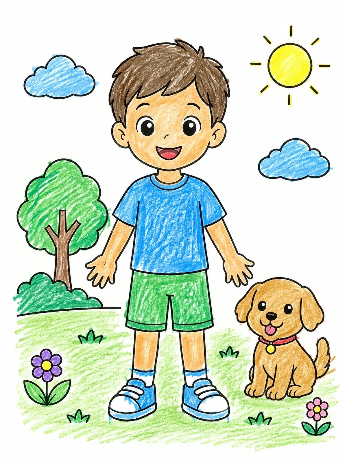 Colored example of the Happy Boy And His Puppy Outdoors coloring page