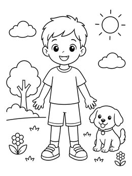 Free printable Happy Boy And His Puppy Outdoors coloring page