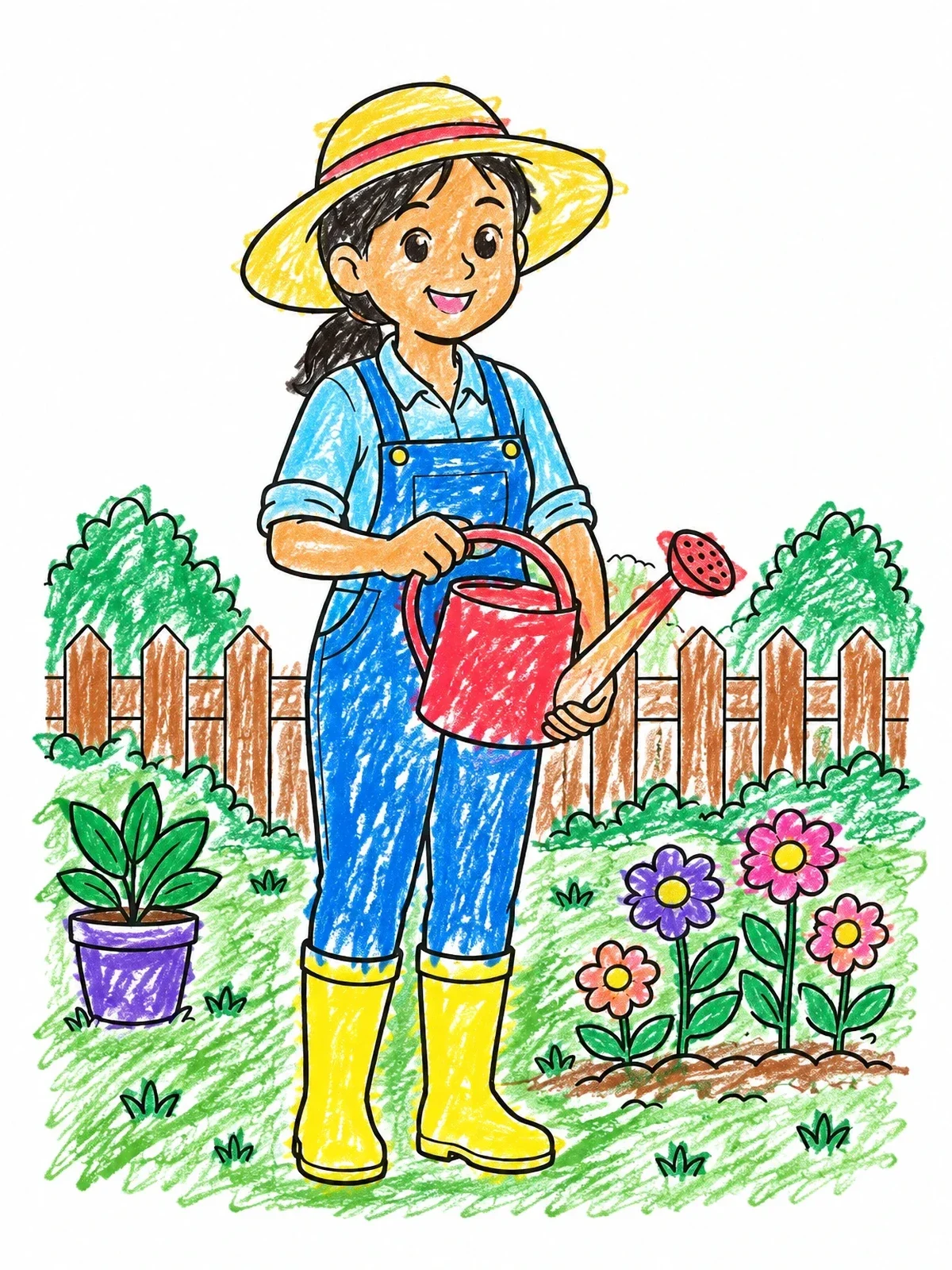 Colored example of the Happy Gardener With Watering Can coloring page