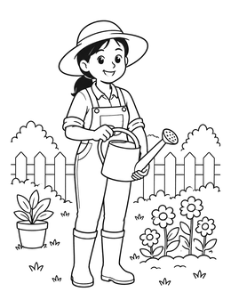 Free printable Happy Gardener With Watering Can coloring page