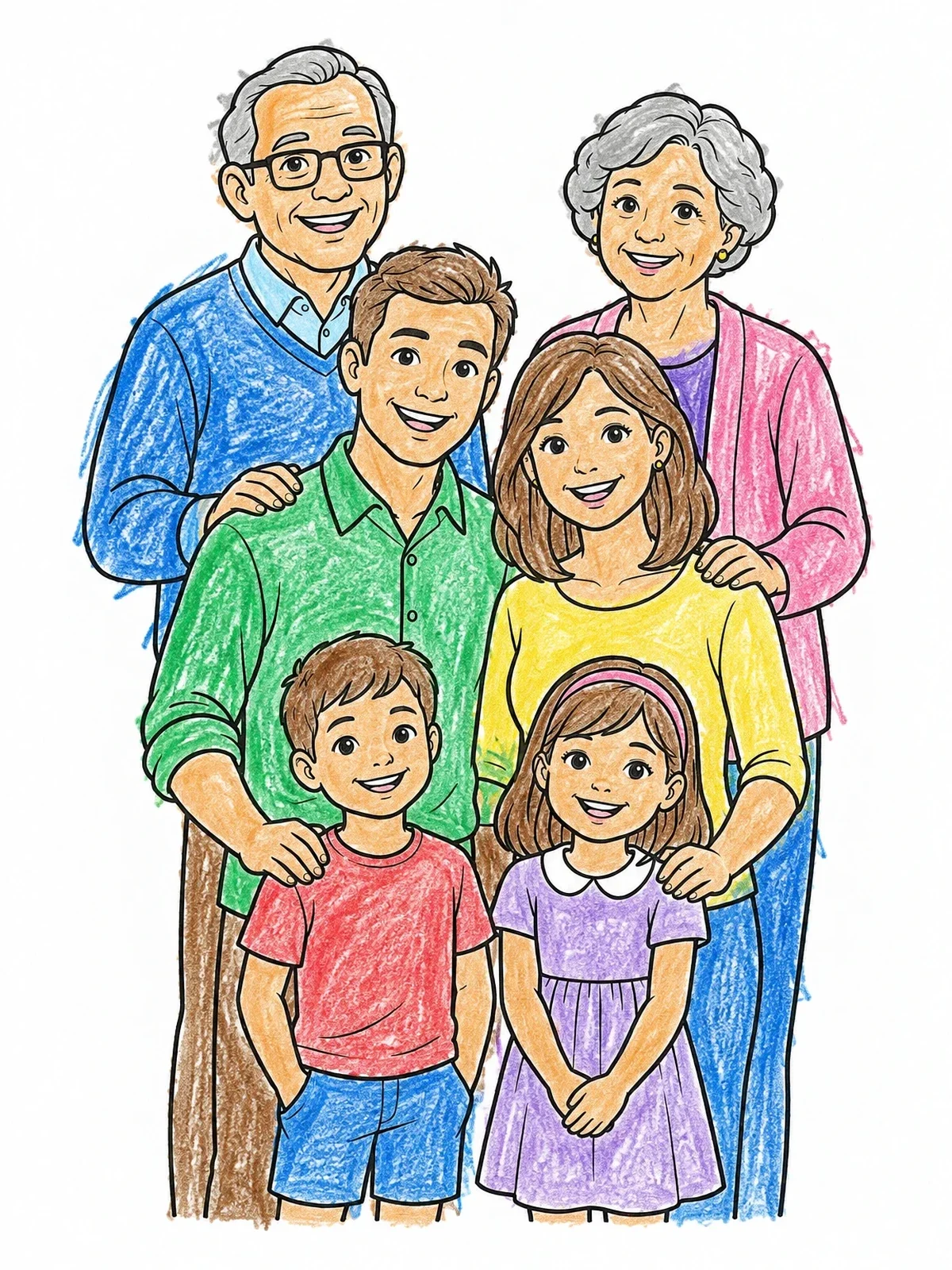 Colored example of the Happy Multi Generational Family Portrait coloring page