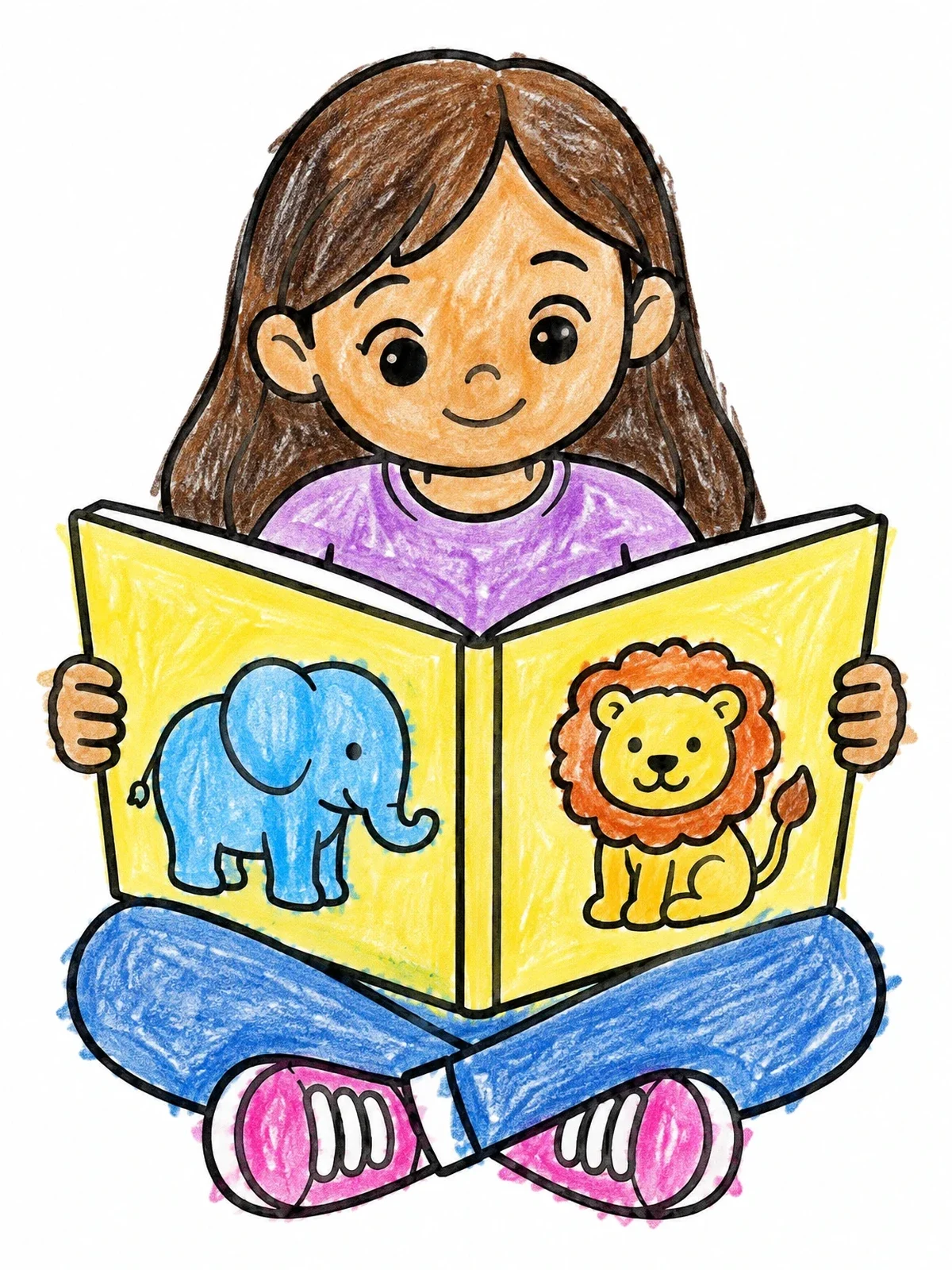 Colored example of the Little Girl Reading Animal Picture Book coloring page