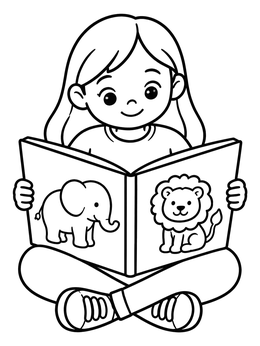 Free printable Little Girl Reading Animal Picture Book coloring page