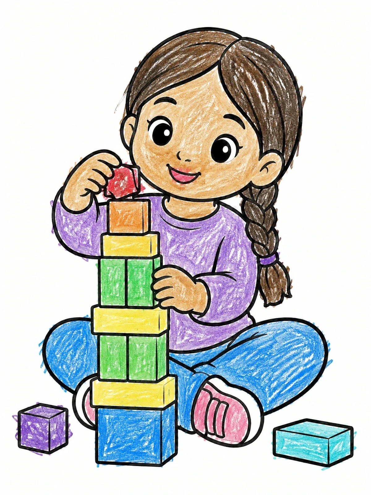 Colored example of the Little Girl Stacking Toy Blocks coloring page