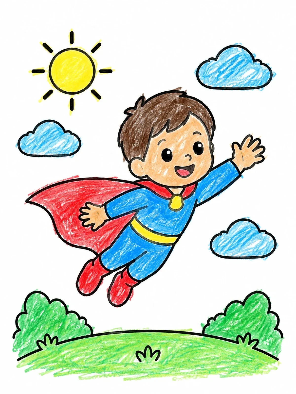 Colored example of the Little Superhero Flying In The Sky coloring page