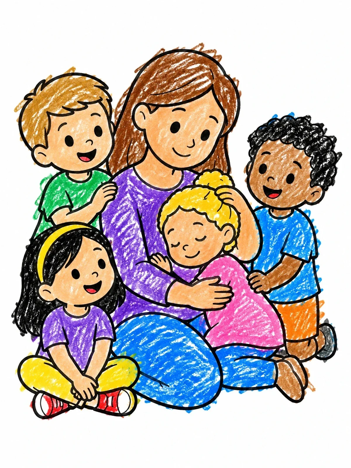 Colored example of the Mother Hugging Happy Children coloring page