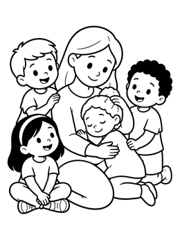 Free printable Mother Hugging Happy Children coloring page
