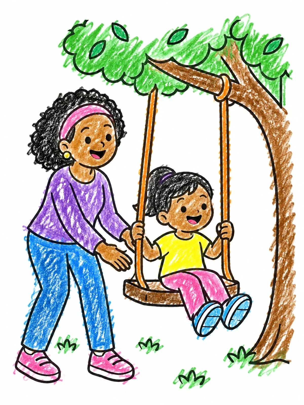 Colored example of the Mother Pushing Child On Tree Swing coloring page