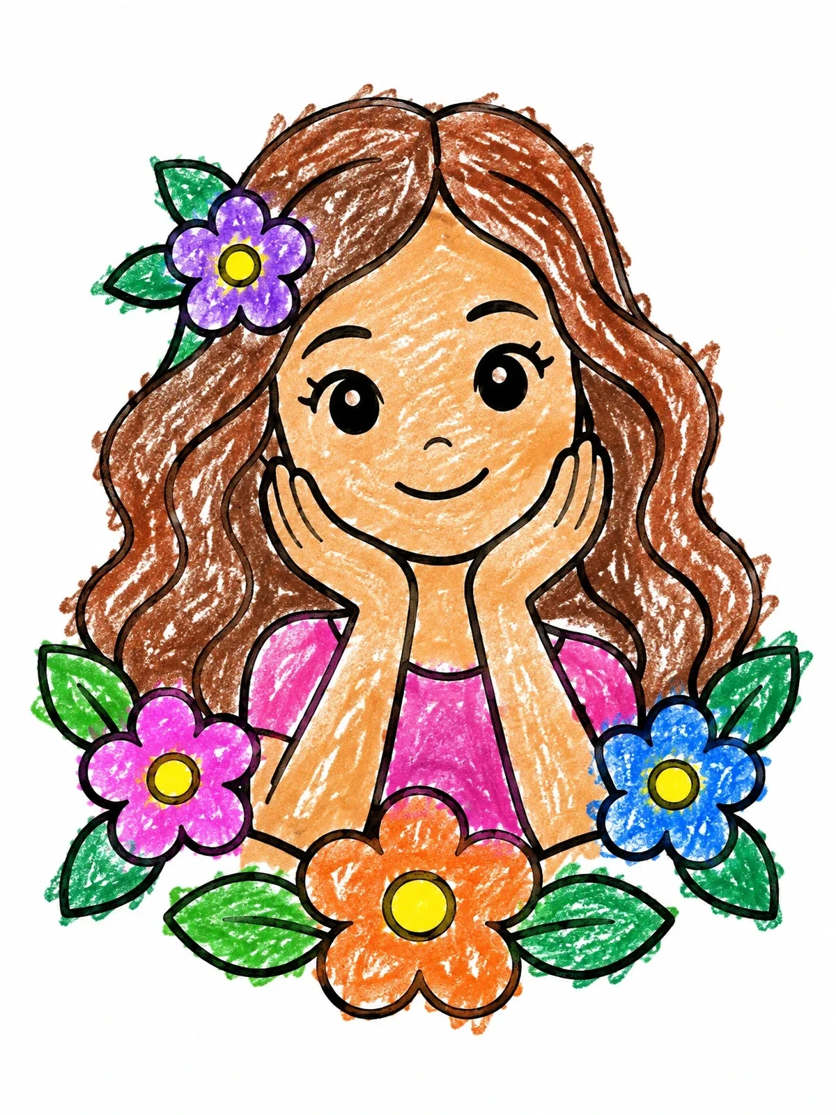 Colored example of the Smiling Girl With Flowers coloring page