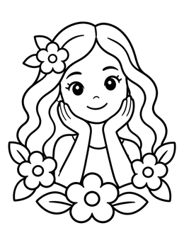 Free printable Smiling Girl With Flowers coloring page