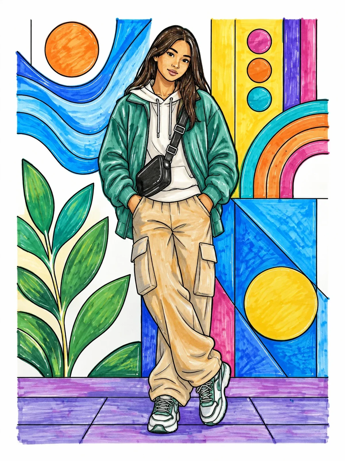 Colored example of the Trendy Streetwear Fashion Girl coloring page