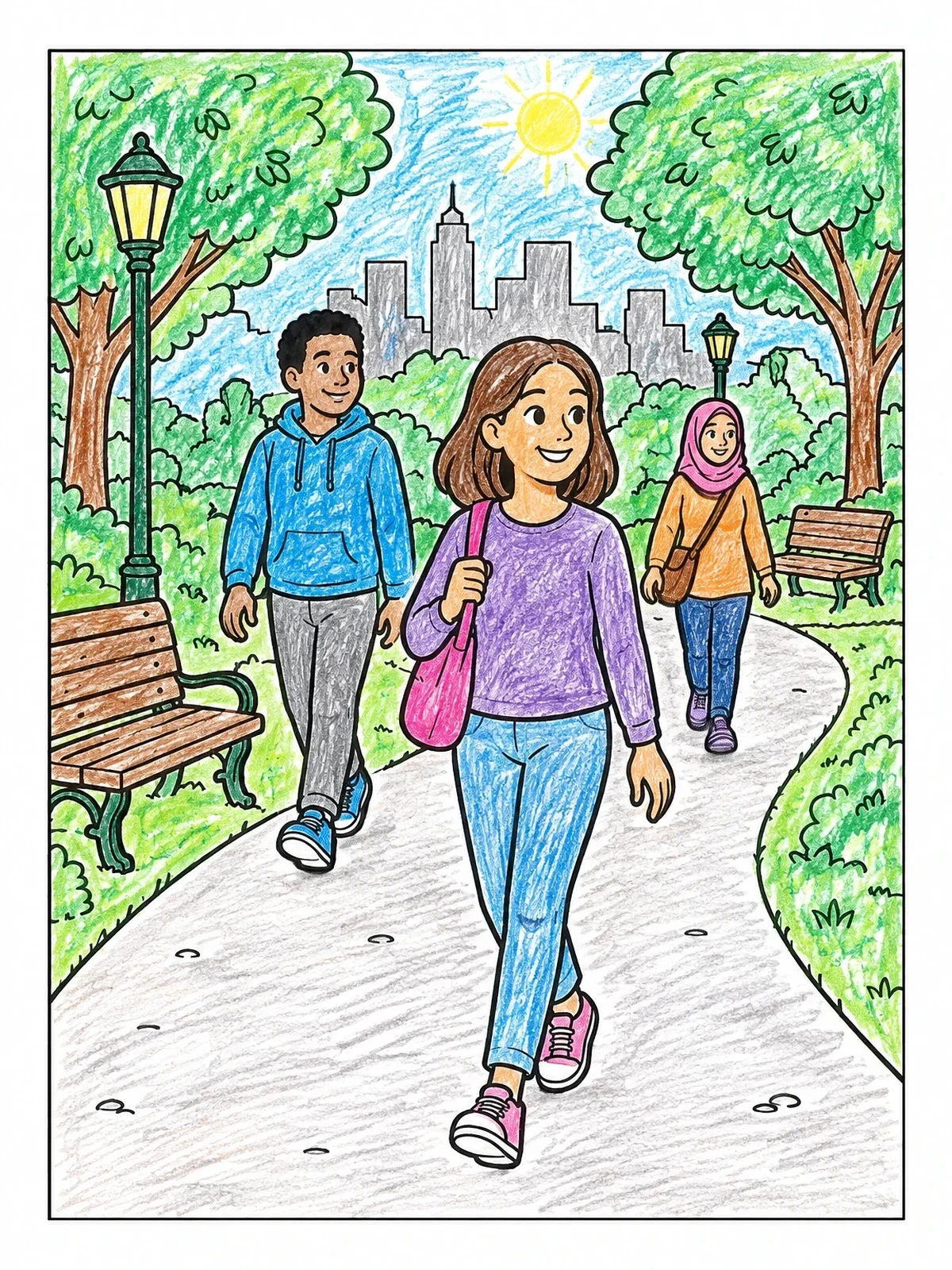 Colored example of the People Walking Through City Park coloring page