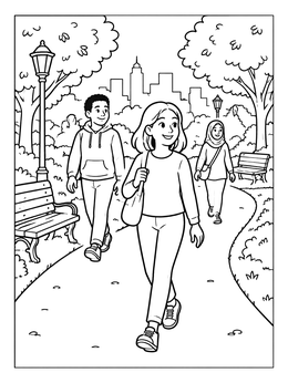 Free printable People Walking Through City Park coloring page