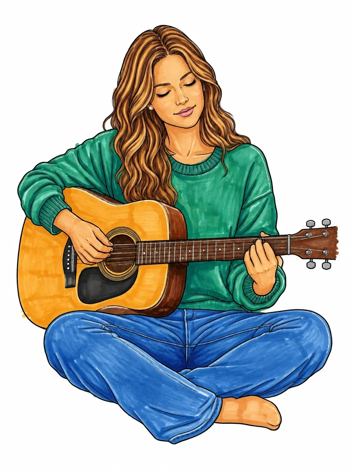 Colored example of the Woman Playing Acoustic Guitar Sitting Down coloring page