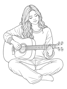 Free printable Woman Playing Acoustic Guitar Sitting Down coloring page