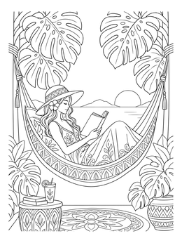 Free printable Woman Reading In A Tropical Hammock coloring page