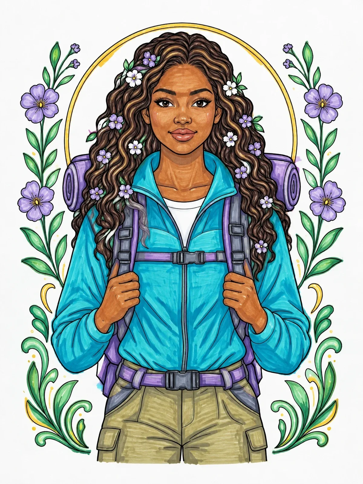Colored example of the Young Hiker With Flowered Hair coloring page