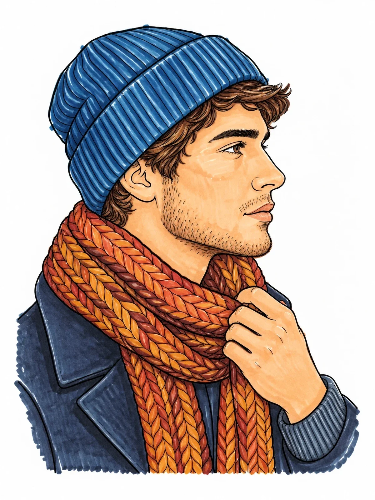 Colored example of the Young Man In Knit Beanie And Scarf coloring page