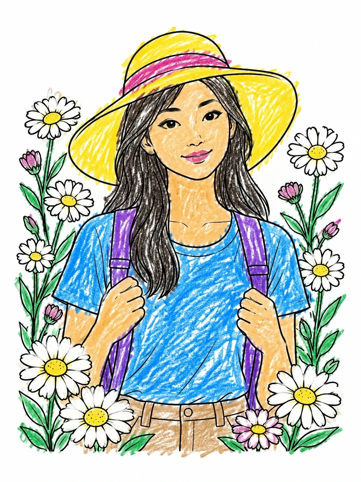 Colored example of the Young Woman In Daisy Field coloring page