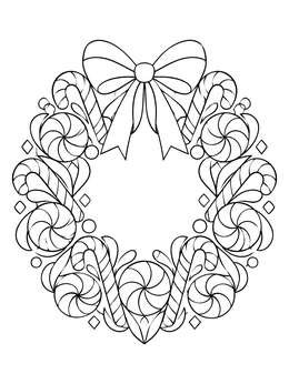 A festive wreath with peppermint candy coloring page details and a large bow.